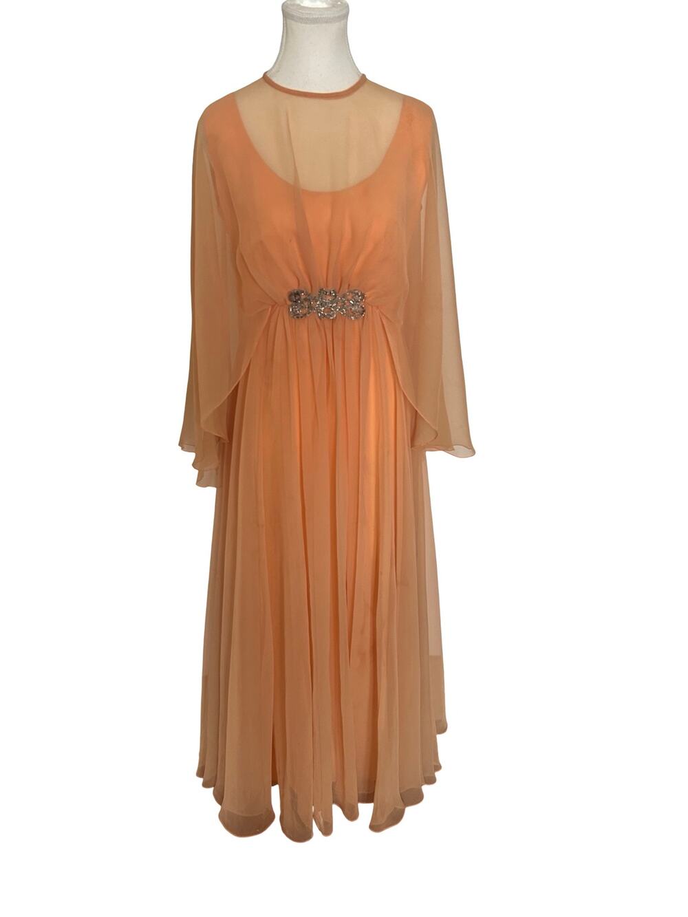 Vintage 1960s Emma Domb California Peach Chiffon Empire Waist Cape Sleeve Gown